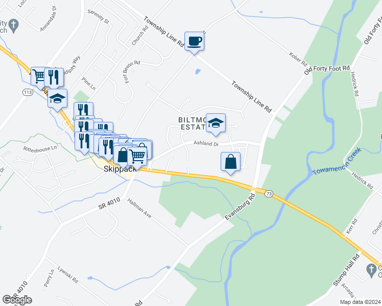 map of restaurants, bars, coffee shops, grocery stores, and more near 2084 Braden Court in Harleysville