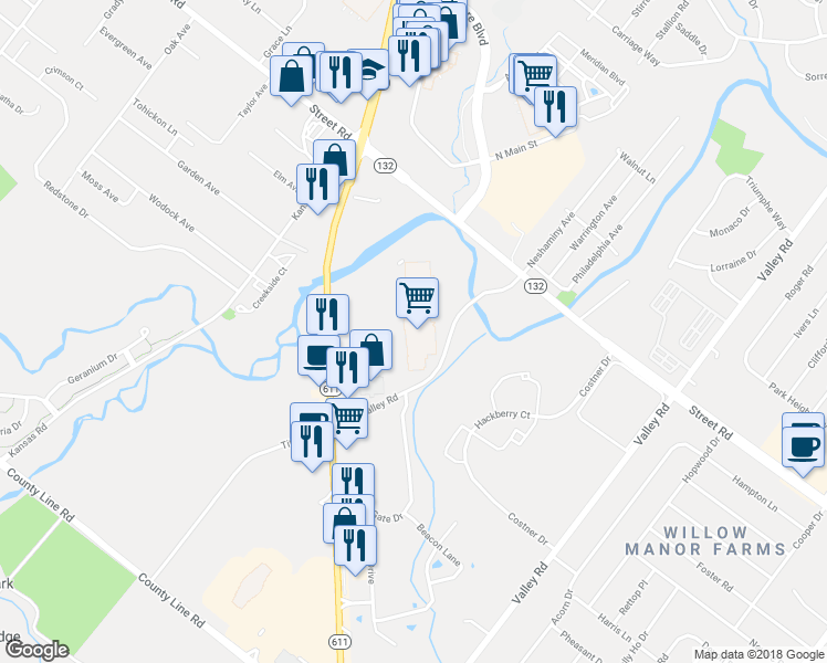map of restaurants, bars, coffee shops, grocery stores, and more near 401 Easton Road in Warrington