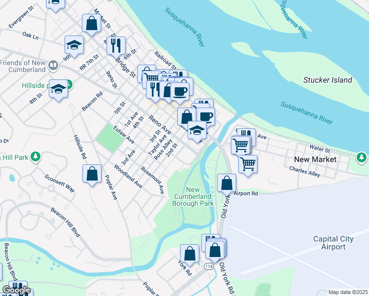map of restaurants, bars, coffee shops, grocery stores, and more near 150 Reno Avenue in New Cumberland