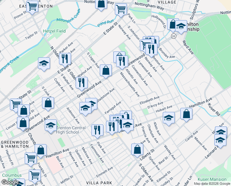 map of restaurants, bars, coffee shops, grocery stores, and more near 293 South Logan Avenue in Trenton