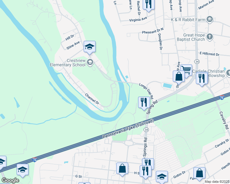 map of restaurants, bars, coffee shops, grocery stores, and more near 9 Channel Drive in Carlisle