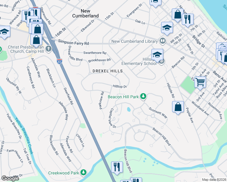 map of restaurants, bars, coffee shops, grocery stores, and more near 100 Valleyview Rd in New Cumberland