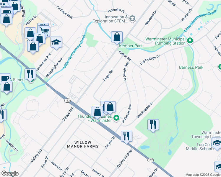 map of restaurants, bars, coffee shops, grocery stores, and more near 741 Ivers Lane in Warminster
