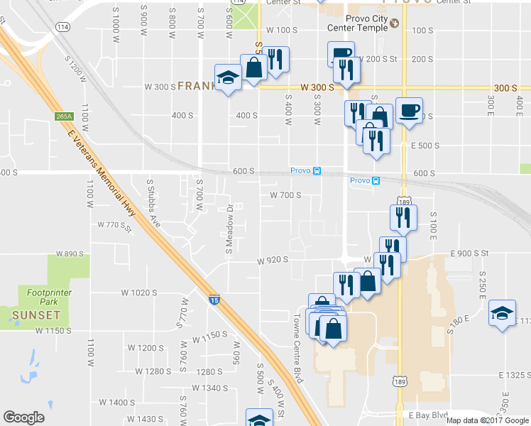 map of restaurants, bars, coffee shops, grocery stores, and more near 747 South 500 West in Provo