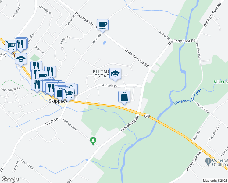 map of restaurants, bars, coffee shops, grocery stores, and more near 3920 Ashland Drive in Harleysville