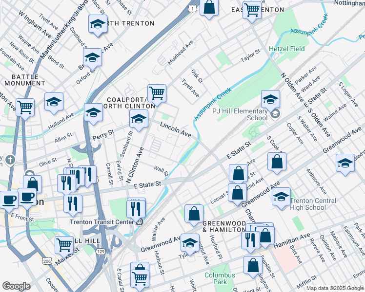 map of restaurants, bars, coffee shops, grocery stores, and more near Creekview Drive in Trenton