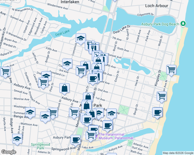 map of restaurants, bars, coffee shops, grocery stores, and more near 809 3rd Avenue in Asbury Park