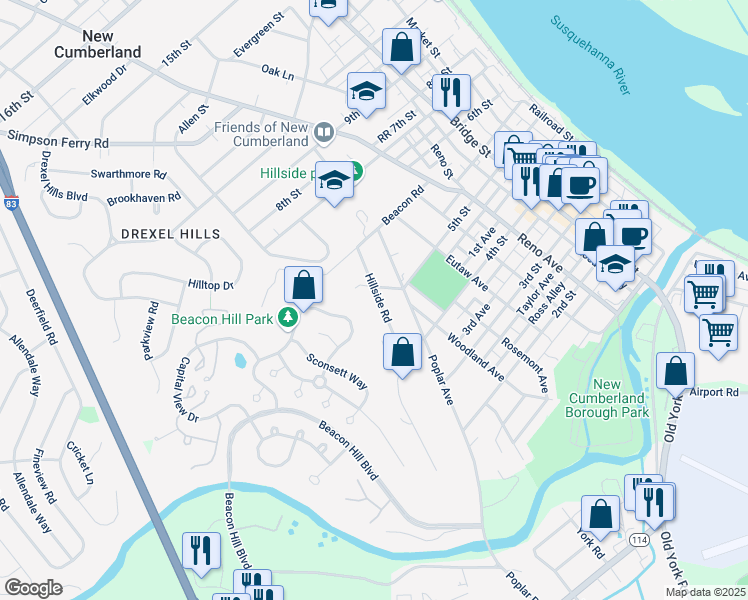 map of restaurants, bars, coffee shops, grocery stores, and more near 424 Hillside Road in New Cumberland