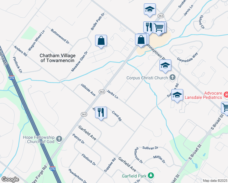 map of restaurants, bars, coffee shops, grocery stores, and more near 1638 Clearbrook Rd in Lansdale