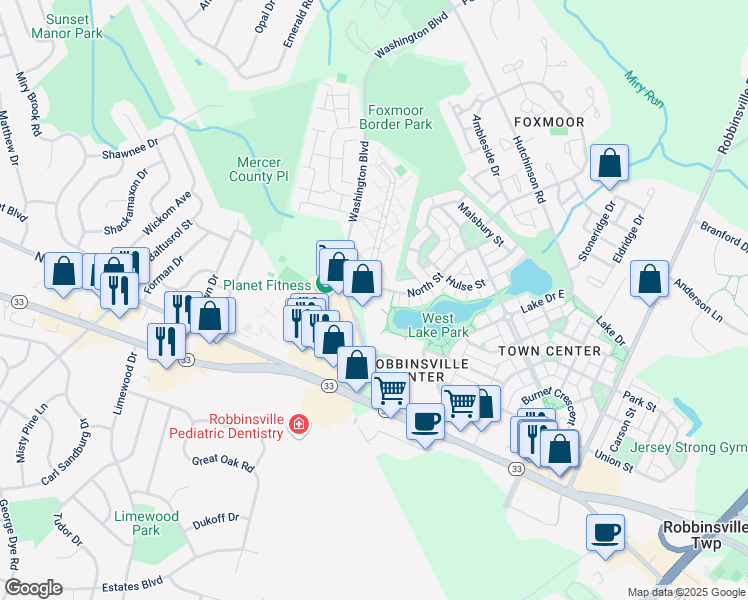 map of restaurants, bars, coffee shops, grocery stores, and more near 1150 Washington Boulevard in Trenton
