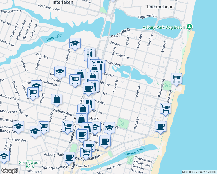 map of restaurants, bars, coffee shops, grocery stores, and more near 610 4th Avenue in Asbury Park