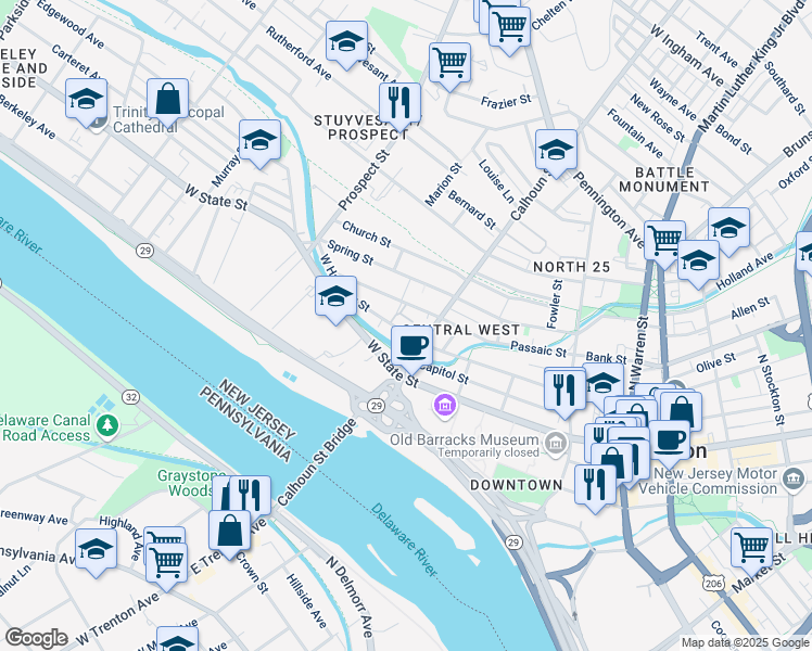 map of restaurants, bars, coffee shops, grocery stores, and more near 424 West Hanover Street in Trenton