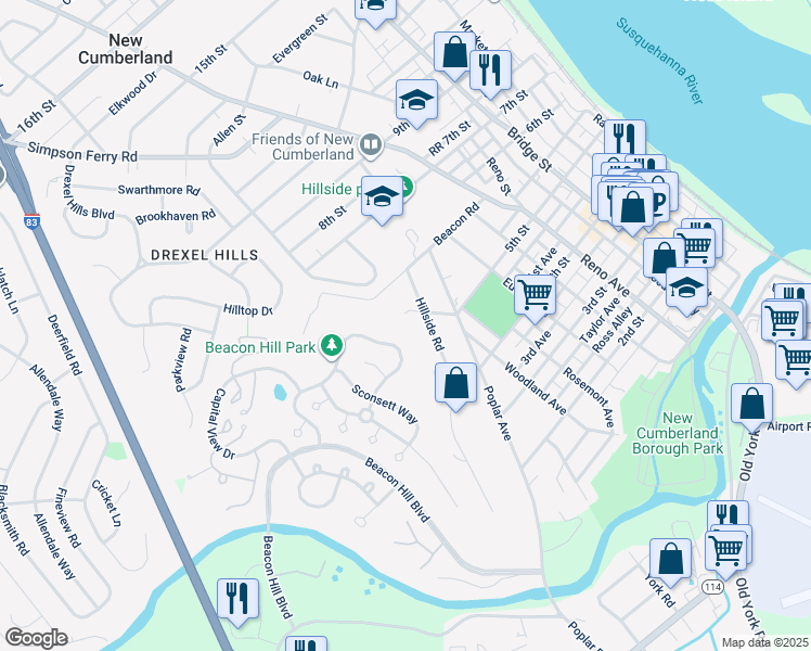 map of restaurants, bars, coffee shops, grocery stores, and more near 901 5th St in New Cumberland