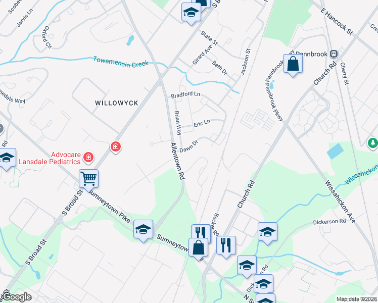 map of restaurants, bars, coffee shops, grocery stores, and more near 124 Dawn Dr in Lansdale