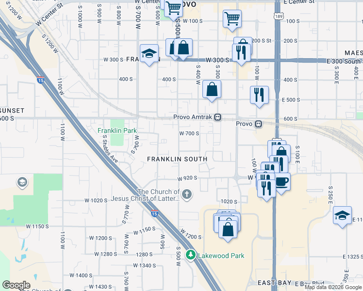 map of restaurants, bars, coffee shops, grocery stores, and more near 747 South 500 West in Provo