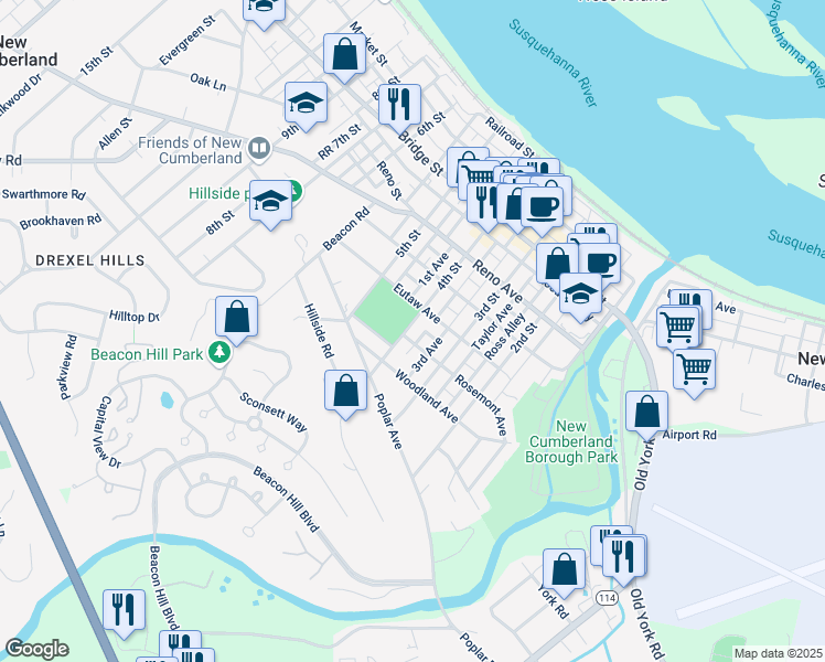 map of restaurants, bars, coffee shops, grocery stores, and more near 620 4th Street in New Cumberland