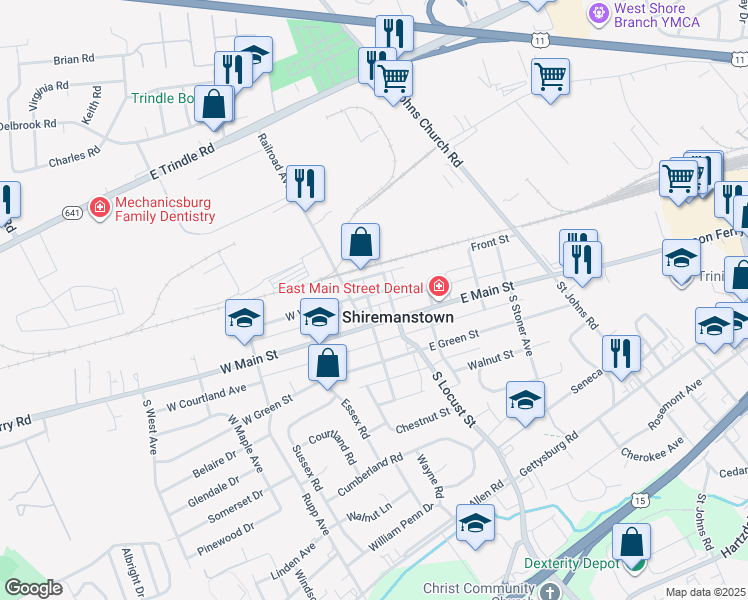 map of restaurants, bars, coffee shops, grocery stores, and more near 14 E Vine St in Shiremanstown