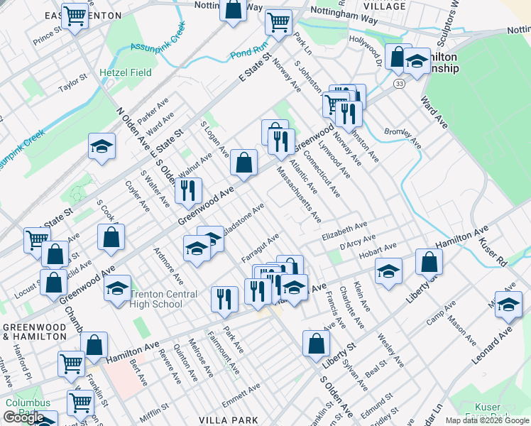 map of restaurants, bars, coffee shops, grocery stores, and more near 293 South Logan Avenue in Trenton