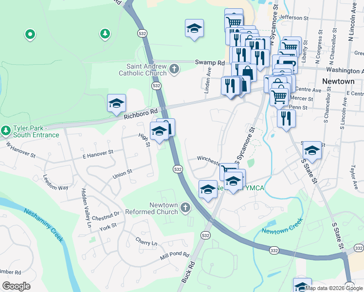 map of restaurants, bars, coffee shops, grocery stores, and more near 460 Cambridge Lane in Newtown