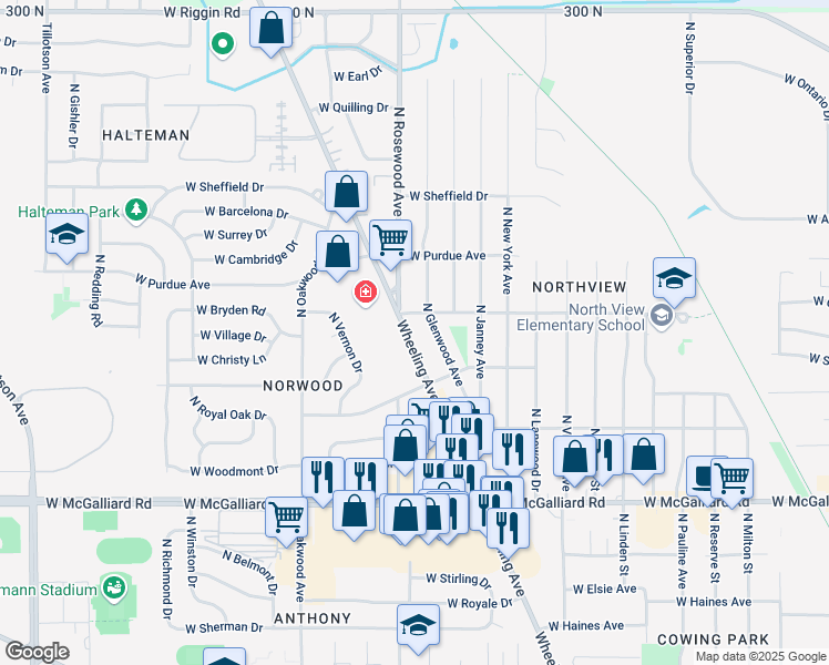 map of restaurants, bars, coffee shops, grocery stores, and more near 3804 Wheeling Avenue in Muncie