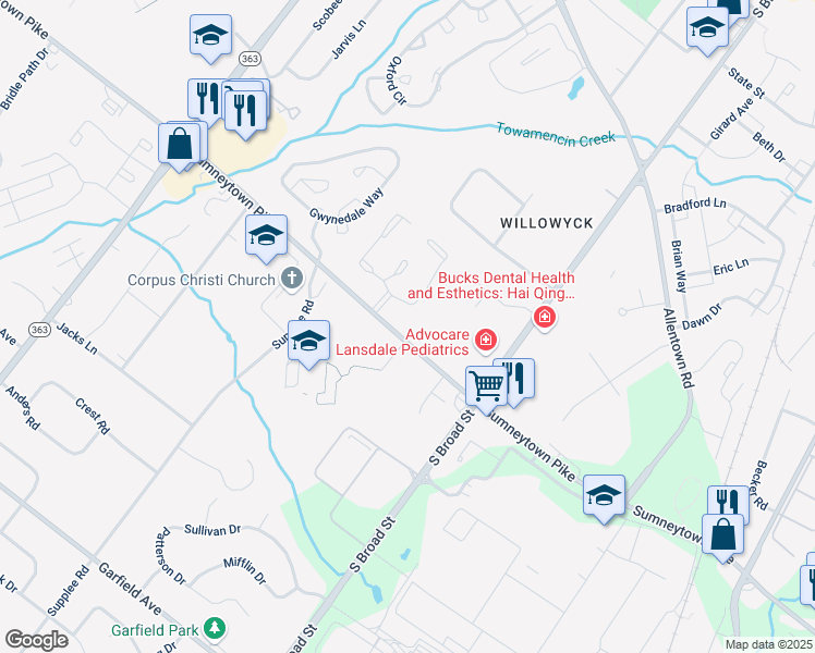 map of restaurants, bars, coffee shops, grocery stores, and more near 881 Sumneytown Pike in Lansdale