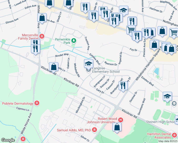 map of restaurants, bars, coffee shops, grocery stores, and more near 2080 Whatley Road in Hamilton Township