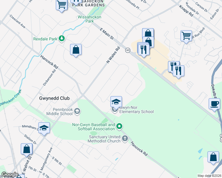 map of restaurants, bars, coffee shops, grocery stores, and more near 1433 Cathys Lane in North Wales