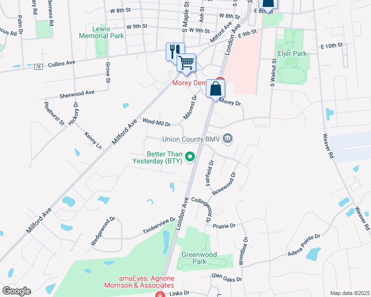 map of restaurants, bars, coffee shops, grocery stores, and more near 207 Windsor Drive in Marysville