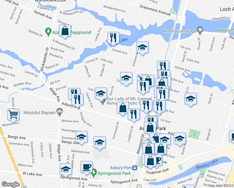 map of restaurants, bars, coffee shops, grocery stores, and more near 1117 2nd Avenue in Asbury Park