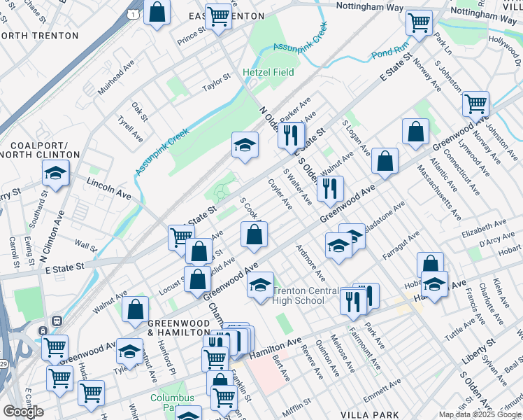 map of restaurants, bars, coffee shops, grocery stores, and more near 409 Walnut Avenue in Trenton