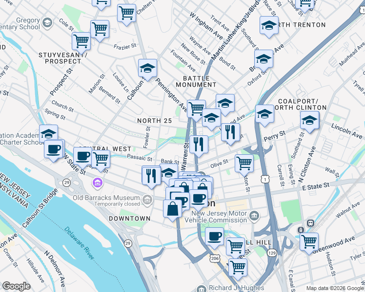 map of restaurants, bars, coffee shops, grocery stores, and more near 21 Chauncey Street in Trenton