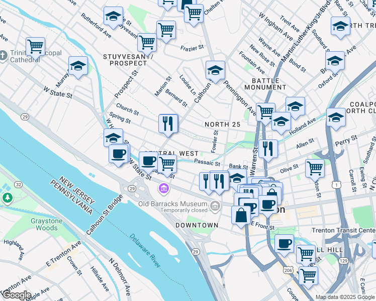 map of restaurants, bars, coffee shops, grocery stores, and more near 77 Spring Street in Trenton