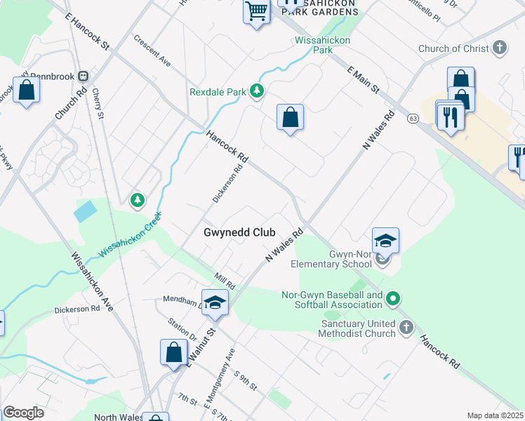 map of restaurants, bars, coffee shops, grocery stores, and more near 26 Derry Drive in North Wales