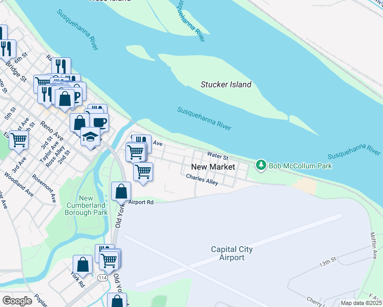 map of restaurants, bars, coffee shops, grocery stores, and more near 305 Water Street in New Cumberland