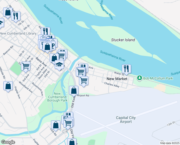 map of restaurants, bars, coffee shops, grocery stores, and more near 112 Ross Avenue in New Cumberland