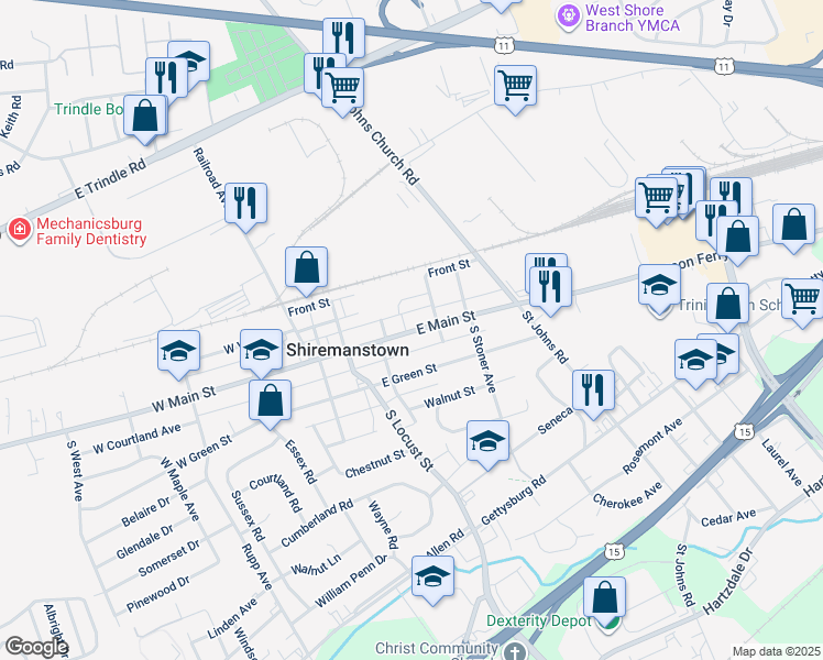 map of restaurants, bars, coffee shops, grocery stores, and more near 215 East Main Street in Shiremanstown