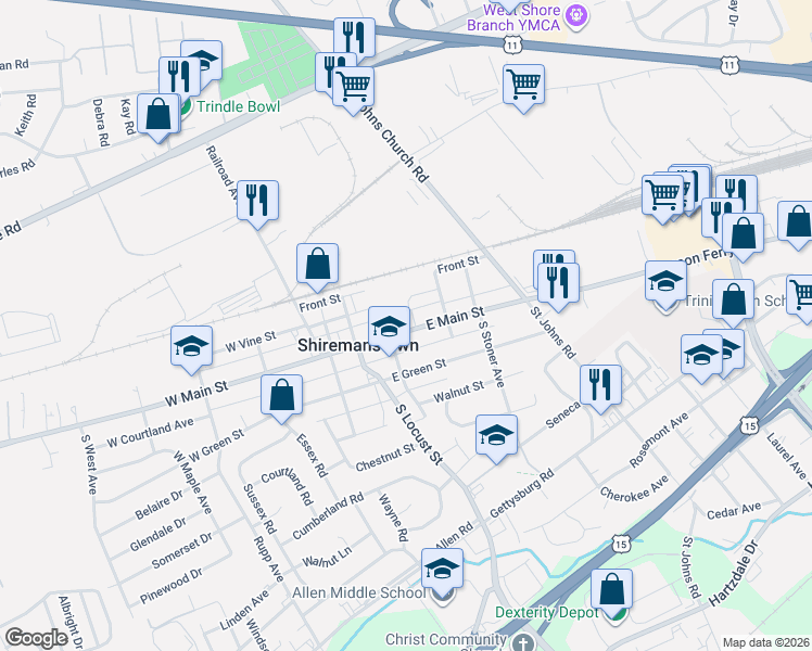 map of restaurants, bars, coffee shops, grocery stores, and more near 215 East Main Street in Shiremanstown