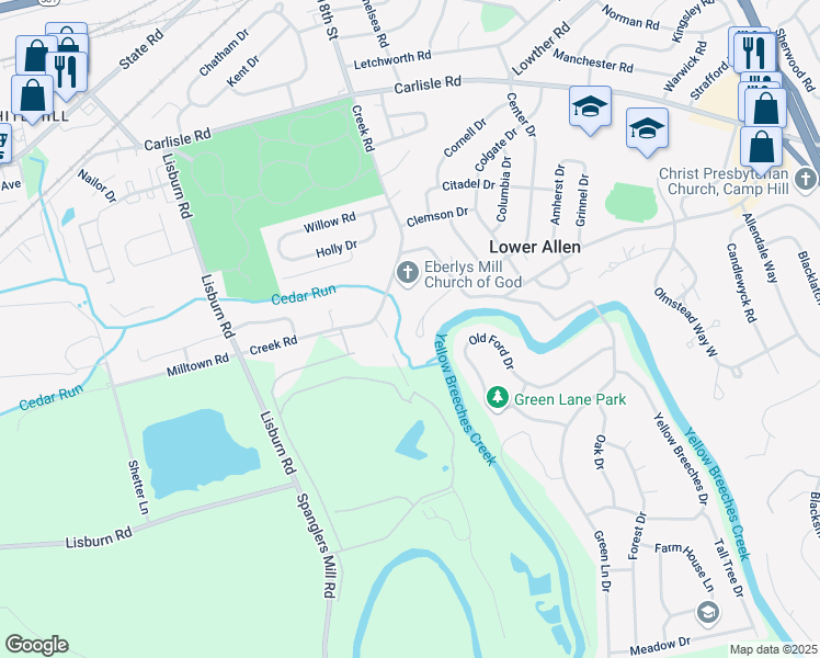 map of restaurants, bars, coffee shops, grocery stores, and more near 122 Old Mill Drive in Camp Hill