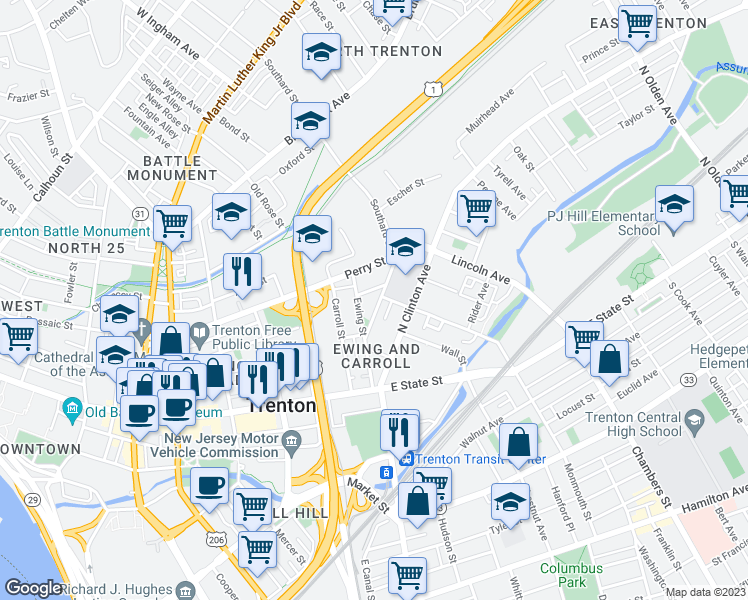 map of restaurants, bars, coffee shops, grocery stores, and more near 45 Southard Street in Trenton