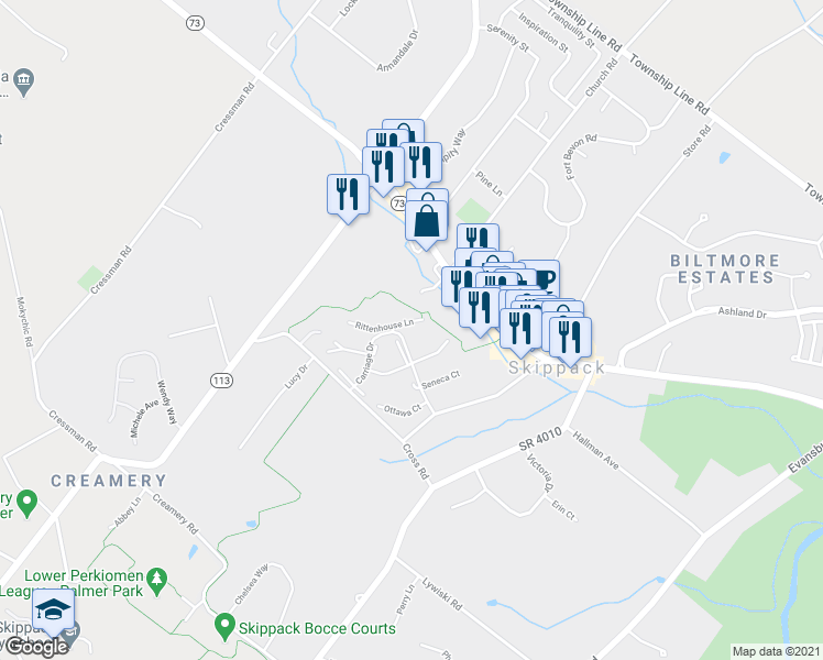 map of restaurants, bars, coffee shops, grocery stores, and more near 4117 Rittenhouse Lane in Skippack