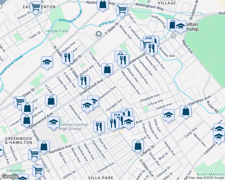 map of restaurants, bars, coffee shops, grocery stores, and more near 293 South Logan Avenue in Trenton