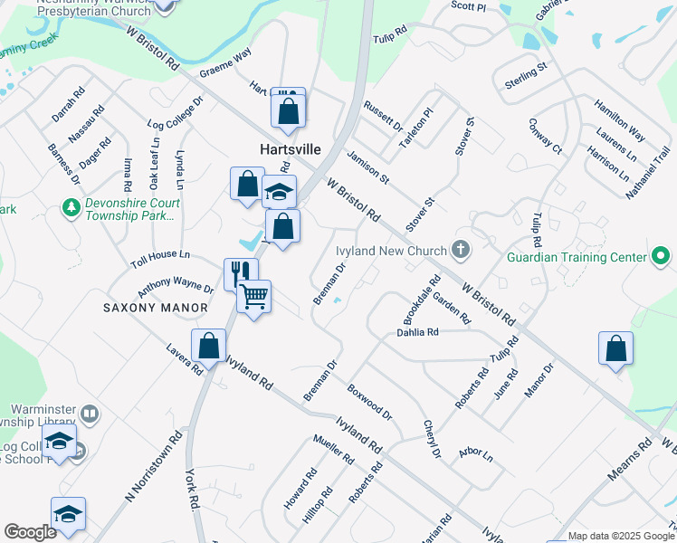 map of restaurants, bars, coffee shops, grocery stores, and more near 1215 Brennan Drive in Warminster