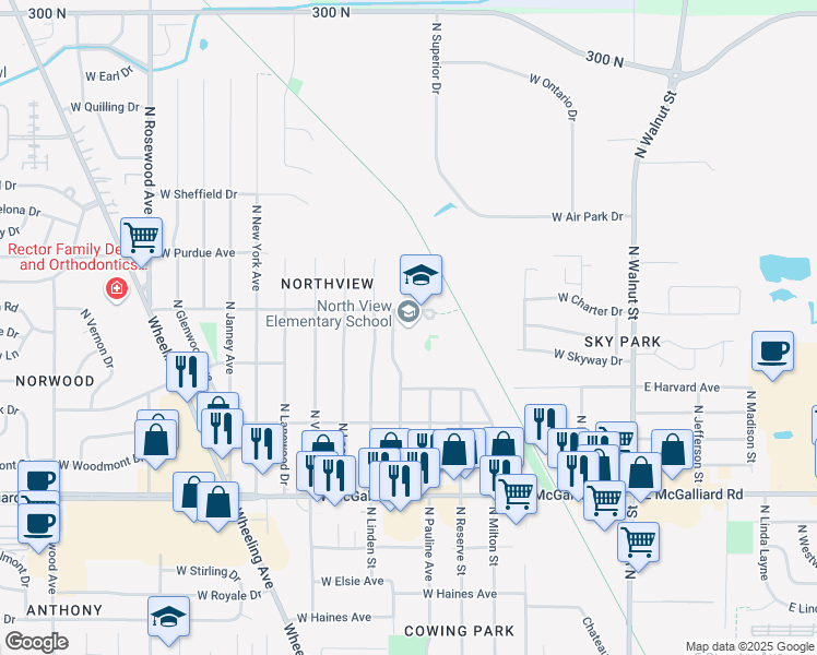 map of restaurants, bars, coffee shops, grocery stores, and more near 807 West Yale Avenue in Muncie