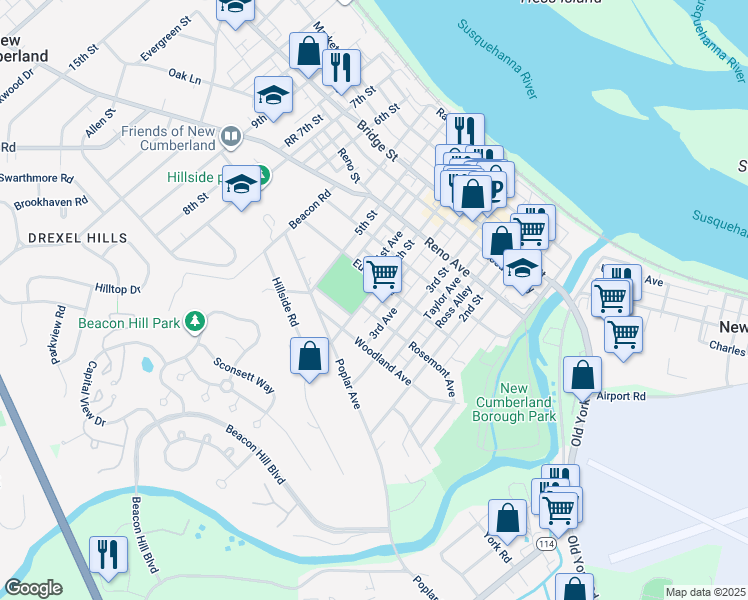 map of restaurants, bars, coffee shops, grocery stores, and more near 616 4th Street in New Cumberland