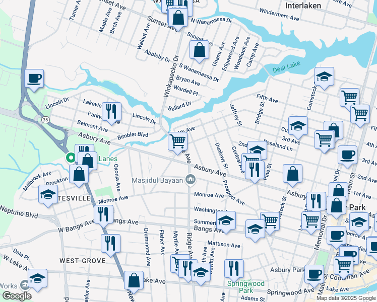 map of restaurants, bars, coffee shops, grocery stores, and more near 816 Ridge Avenue in Asbury Park