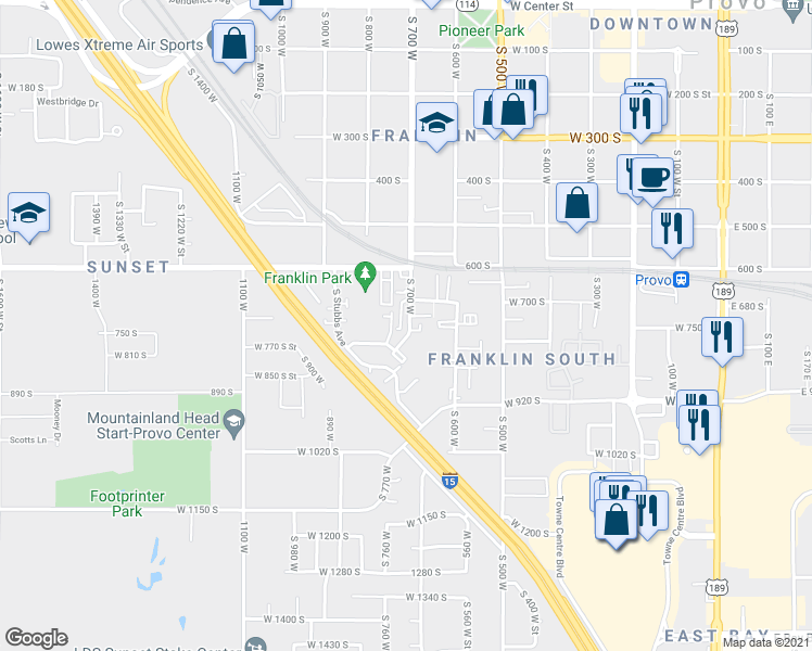 map of restaurants, bars, coffee shops, grocery stores, and more near 721 South 700 West in Provo