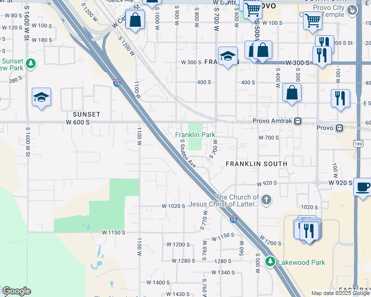 map of restaurants, bars, coffee shops, grocery stores, and more near 717 South Stubbs Avenue in Provo