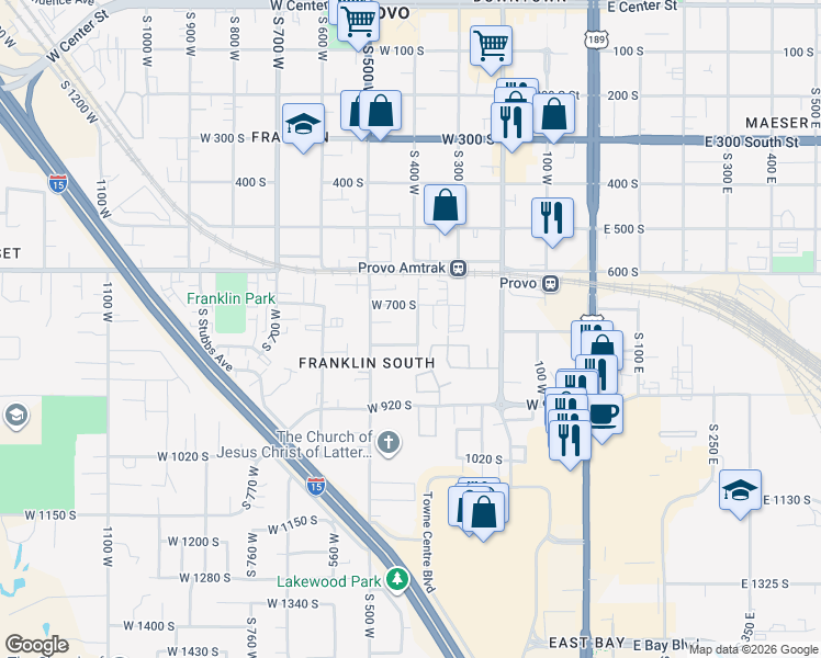 map of restaurants, bars, coffee shops, grocery stores, and more near 756 South 400 West in Provo