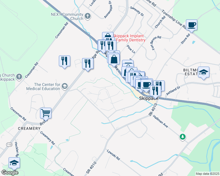 map of restaurants, bars, coffee shops, grocery stores, and more near 4117 Rittenhouse Lane in Skippack