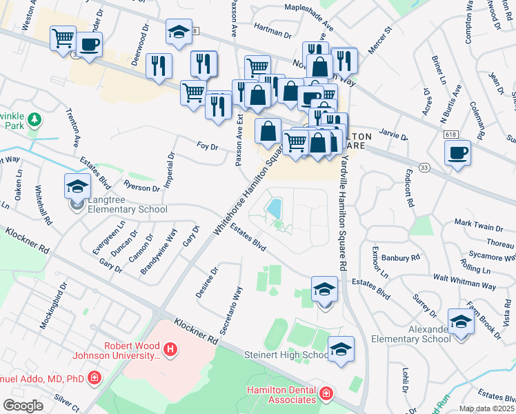 map of restaurants, bars, coffee shops, grocery stores, and more near 36 Sparrow Drive in Hamilton Township